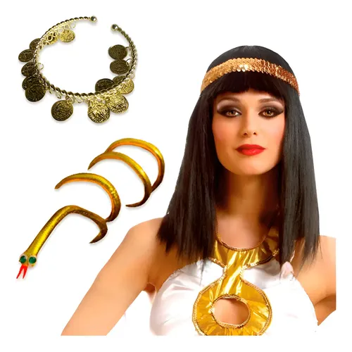 Peluca Cleopatra Con Vincha Brazalete Pulsera Fiesta Disfraz