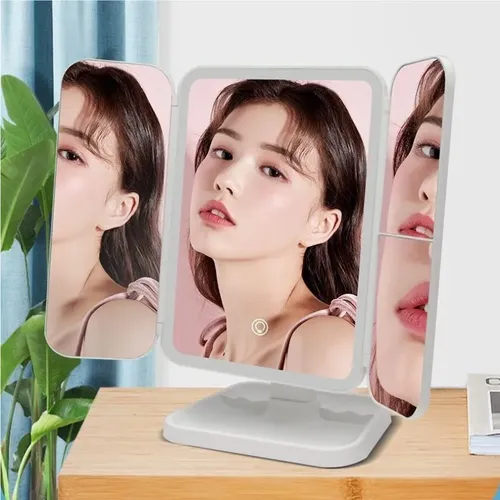 Espejo De Maquillaje Led Plegable 3 Caras, Luz Ajustable Y J