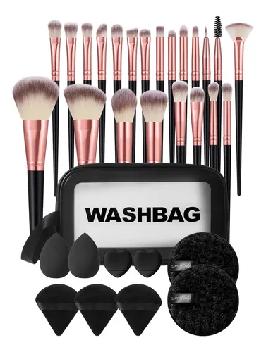 Set Brochas Y Esponjas De Maquillaje Con Cosmetiquera Negro