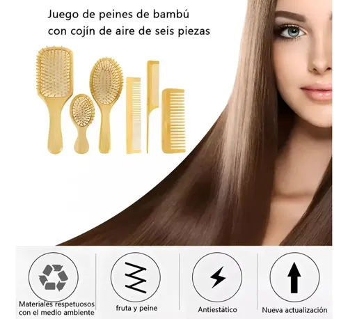 Kit De Cepillos Y Peines De Bambú Antiencrespamiento, 6 Piez