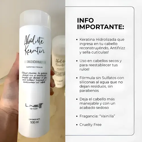 Acondicionador Hidra Hidrolized Absolute Keratin Cabellos Secos Y Dañados Keratina Hidrolizada AntiFrizz Sella Cutículas Activa el Color sin Parabenos Producto Profesional 500Mls LineUp