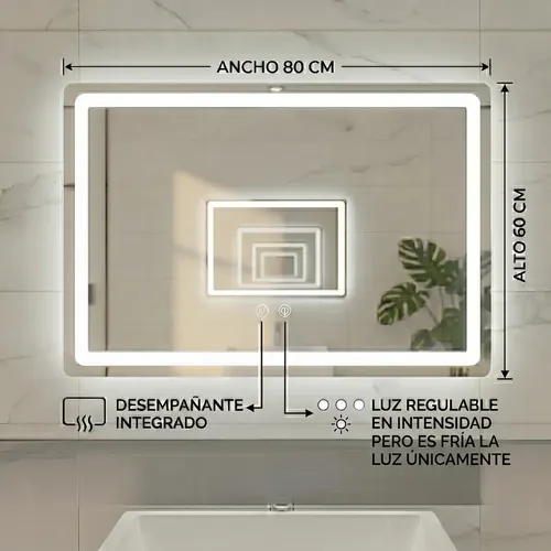 Espejo De Baño Led Touch 80×60 Cm Anti Empañante Moderno Blanco