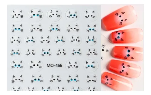 Stickers Uñas Gatito Pack X6 Planchas Nail Art Cute Japonés