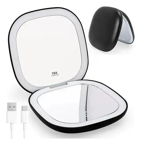 Espejo De Maquillaje Cuadrado Con Luz Led Y Aumento De 10x Bl Negro