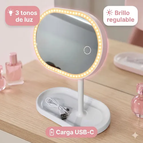 Espejo Maquillaje Led Base Organizadora 3 Tonos Luz Usb C