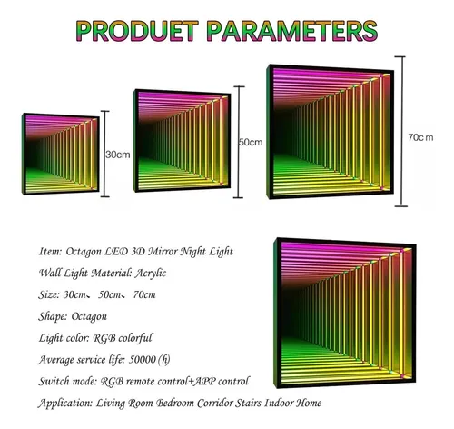 Lámpara Túnel Espejo Infinito Led Octogonal 70cm