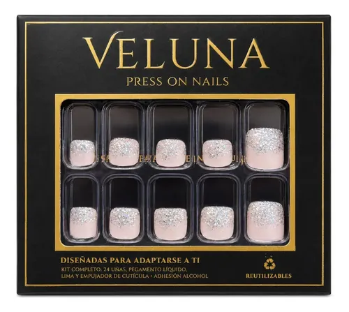 Uñas Press On Para Pies Kit Completo Reutilizable Veluna – Nude Con Glitter