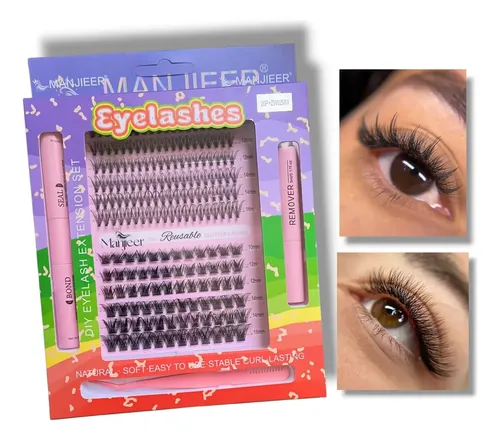 Kit Pestañas Cluster Manjieer Reutilizables Bond Seal Pinza Negro G-41 20p+zw02 Largos Mix De 10 A 16 Mm