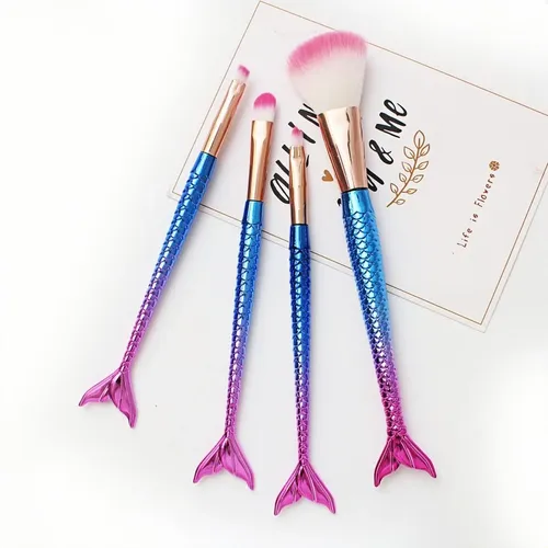 Set 4 Brochas Maquillaje Sirena Azul Rosa Rostro Ojos Rosa