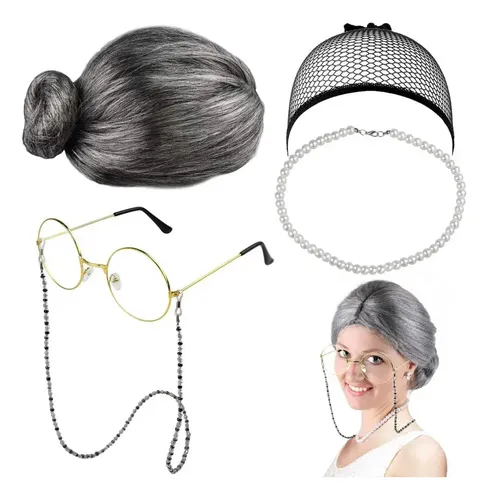 Kit De Disfraz De Peluca Y Collar Con Gafas Grises Para Abue