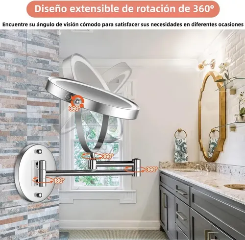 Espejo De Vanidad 8in C/luz Led Retráctil 2 Cara Aumento 10x