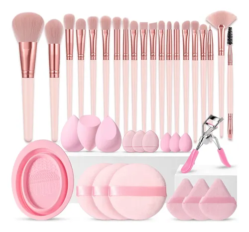 Set 37 Brochas Y Esponjas Para Maquillaje Completo Rosa