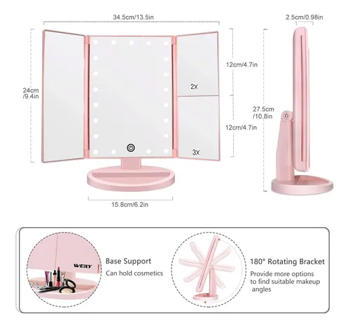 Espejo De Maquillaje Con Luz Led 21 Led 3 Aumentos Rosa