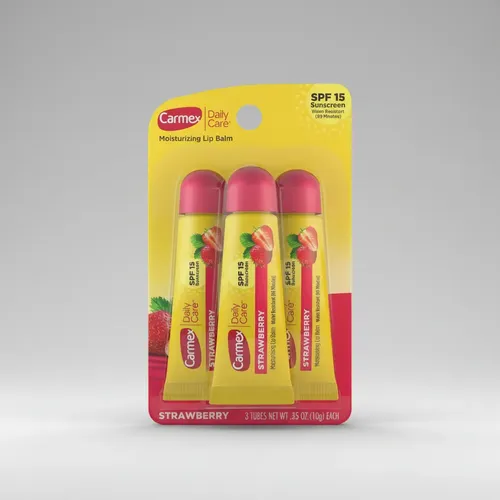 Carmex Daily Care Moisturizing Lip Balm Strawberry 3pz 10g Bálsamo Labial Hidratante Fresa Protector Solar Spf 15 Alivio Labios Secos Reparador Humectación Profunda Cuidado Diario Pack