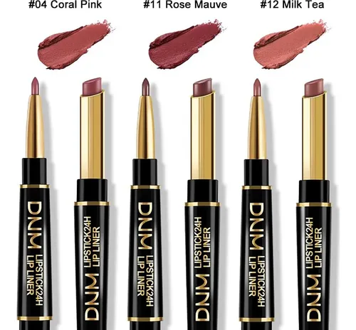 Set Labial Y Delineador 3 Piezas Coral Rosa Té Leche Mauve