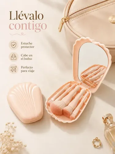 Set De Brochas Maquillaje Con Espejo Portátil Viaje 5 Pzs