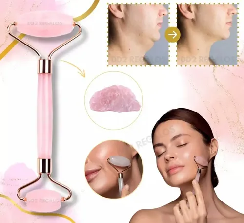 Masajeador Doble Rodillos Piedra Cuarzo Rosa Facial Corporal