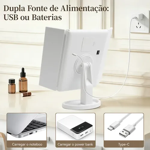 Espejo de Maquillaje Plegable con Triple LED y Aumento 3X para Maquillaje de Rostro, Recargable por USB, con Base Organizadora de 180°