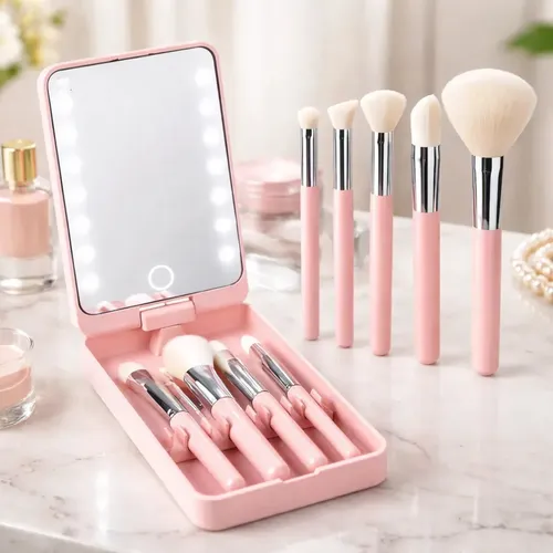 Espejo Led De Maquillaje Portátil Viajero + Brochas Hzj-642 Rosa
