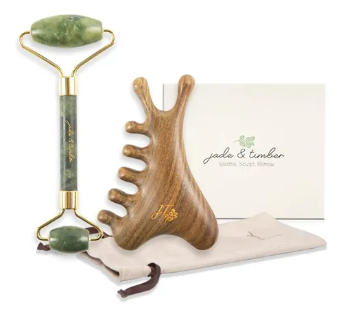 Jade & Timber: Set De Rodillo De Jade Y Gua Sha De Sándalo V