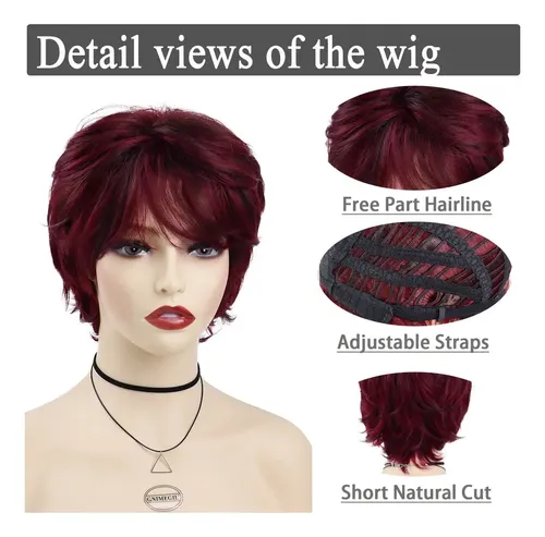 Pelucas Cortas Mujer De Pelo Rojo Sintético Con Flequillo