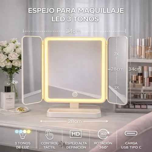 Espejo Con Aumento Y Luz Led 3 Tonos Para Maquillaje