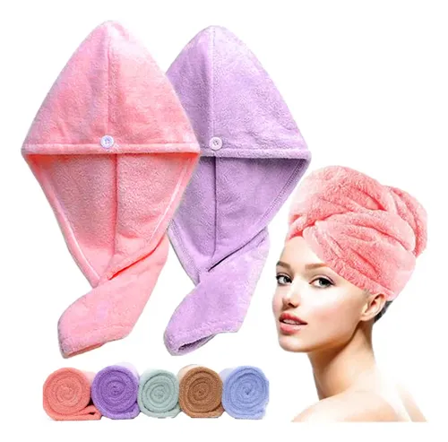 Kit 2 Toallas Microfibra Botón Seguro Seca Rápido Turbante