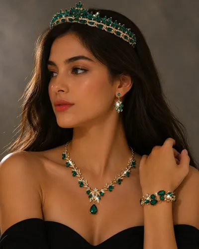 Set Corona Tiara Collar Aros Pulsera Verde Dorado Fiestas 15