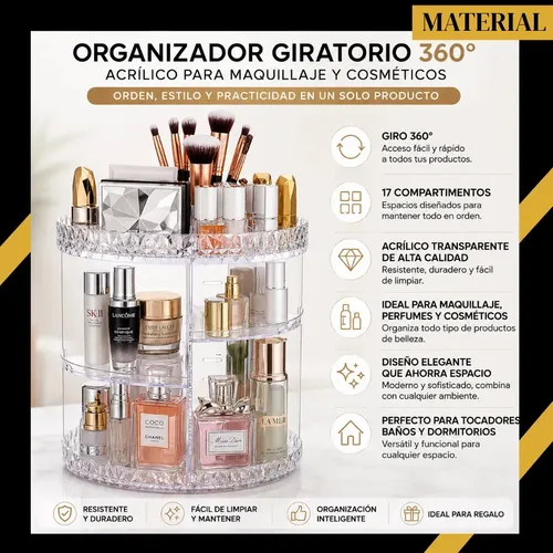 Organizador Giratorio Maquillaje Acrílico Transparente 360° Perfumes Cremas Labiales Brochas Multiuso Gran Capacidad Para Baño Dormitorio Tocador Koabit