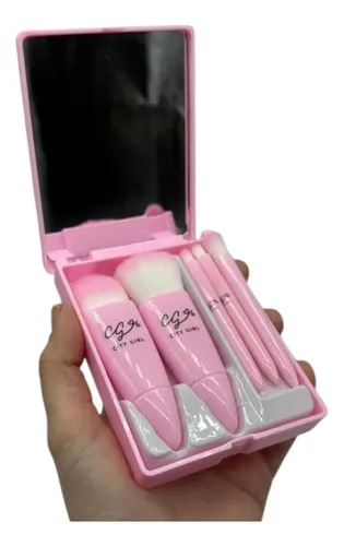 Set 5 Mini Brochas Maquillaje Con Estuche Y Espejo Portatil