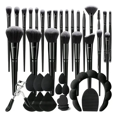 Set 25 Brochas Y Esponjas De Maquillaje Negro Profesional