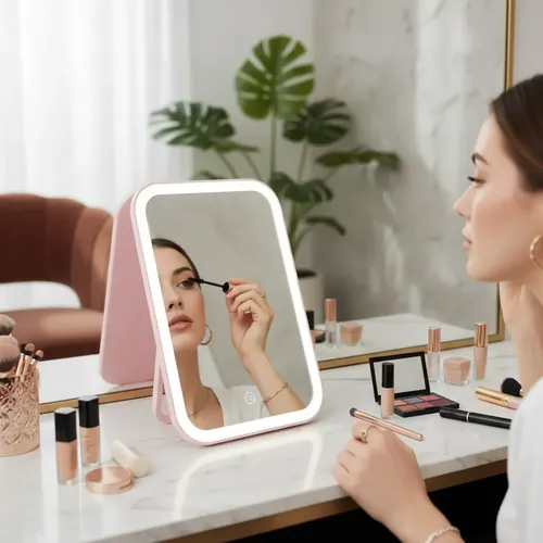 Espejo Led Recargable Rectangular Con Luz 3 Tonos Rosa
