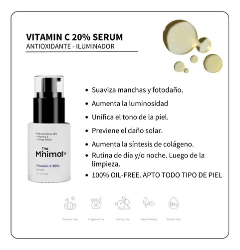 The Minimal Co Sérum Vitamina C 20% Antioxidante Despigmenta Momento de aplicación Día/Noche Tipo de piel Todo tipo de piel