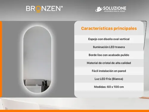 Espejo Premium Vertical Ovalado Luz Led Trasera 100 X 60 Cm