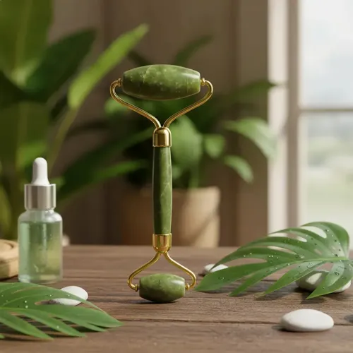 Jade Roller Masajeador Facial Y Piedra Gua Sha Set Verde