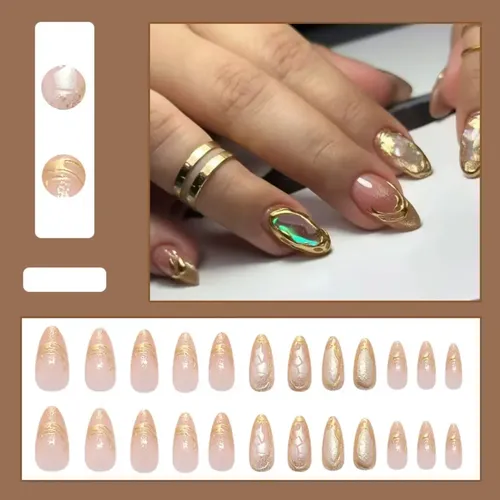 Uñas Press On Soft Gel Nude Con Detalles Dorados Color Golden Aura Nude