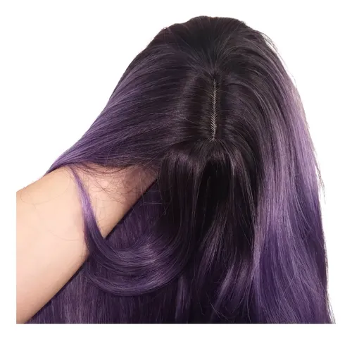 Peluca Violeta Larga Ondas Flequillo Fibra Simil Natural