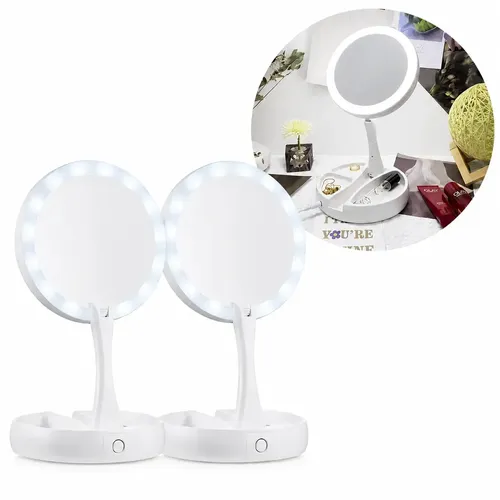Espejo Plegable x2 Maquillaje Zoom Usb Luz Led Doble Aumento Marco Blanco Veoquiero