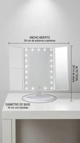Espejo Maquillaje Giratorio 22 Led 3 Aumentos Usb Bateria Blanco Triple Tactil Led Luz 3 Paneles Plegable Portatil Iluminacion Perfecta