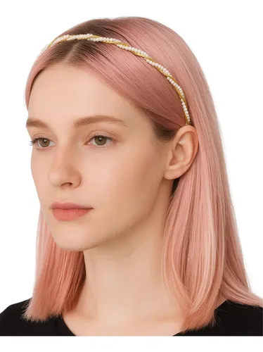 Vincha Pelo Fiesta Novia Tiara Perlas Strass Dorado Plateado Color Perlas Trenzada Simple