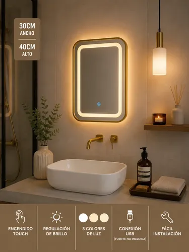 Espejo Rectangular 30x40cm Táctil Luz Led Baño Dormitorio
