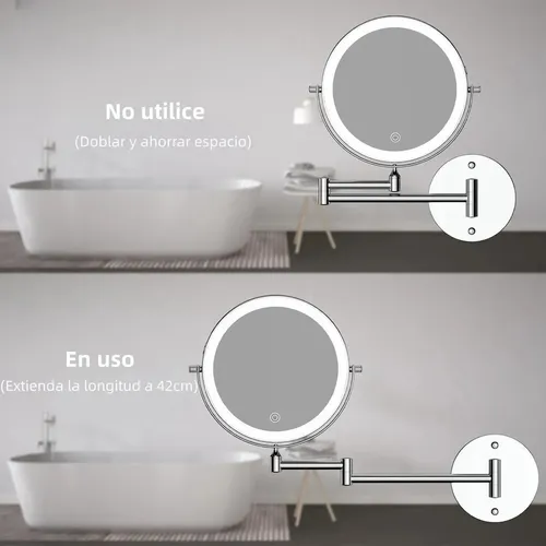 Espejo De Vanidad 8in C/luz Led Retráctil 2 Cara Aumento 10x