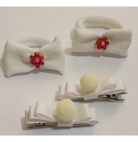 Set Lazos Blancos Cabello Niña Con Hebillas Y Colitas