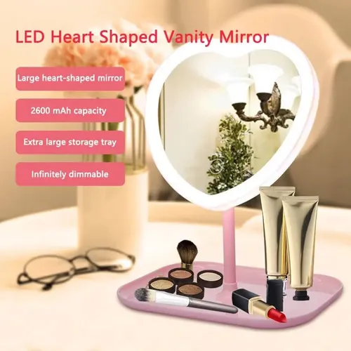 Espejo Maquillaje Corazón Luz LED 3 Tonos USB Blanco 30cm Con Bandeja