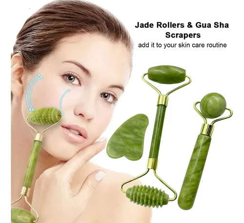 Set De Rodillo De Jade Y Piedra Gua Sha