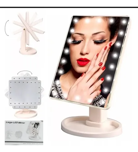 Espejo Maquillaje Portátil LED Marca Large Led Mirror 16 Luces Rectangular Blanco