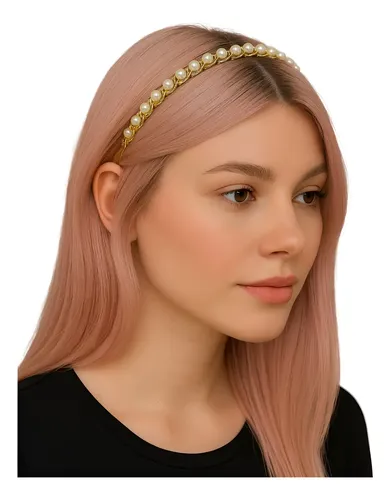 Vincha Pelo Fiesta Novia Tiara Perlas Strass Dorado Plateado Color Perlas Cadena