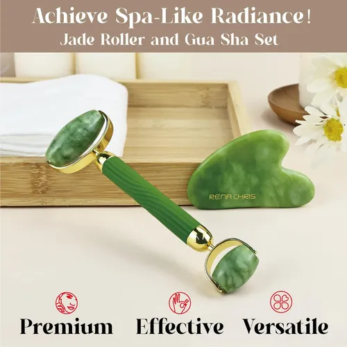 Set Rodillo Facial Y Gua Sha Rena Chris Jade Verde