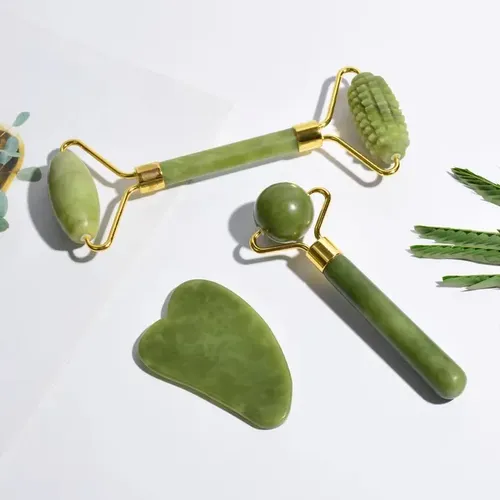 Kit Skincare Rodillo Jade Masajeador Facial Gua Sha 3 En 1