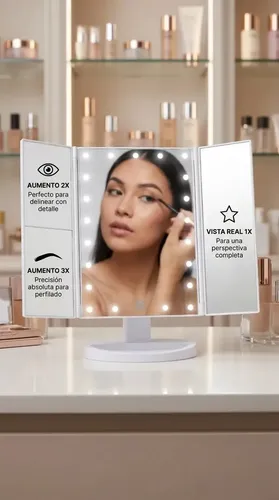 Espejo Maquillaje Giratorio 22 Led 3 Aumentos Usb Bateria Blanco Triple Tactil Led Luz 3 Paneles Plegable Portatil Iluminacion Perfecta